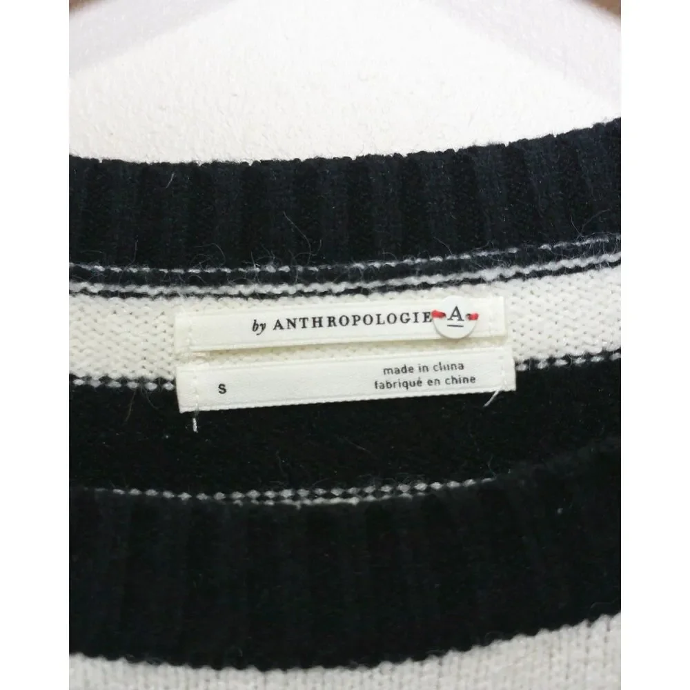 Anthropologie Black White Striped Knit Sweater Small Coastal Preppy Crewneck